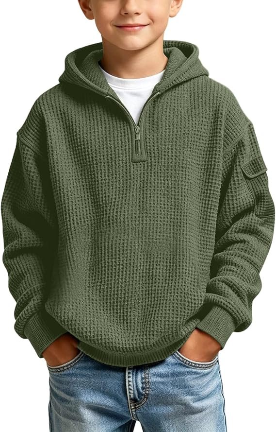 Boys Hoodies Quarter Zip Waffle Knit Pullover Hooded Sweatshirt Kids Fall Back to School Clothes 3-14 Years Army Green