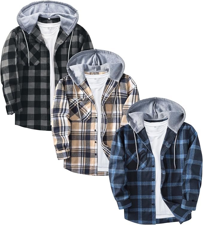 ZITY 3 Pack Men's Flannel Hoodie Shirts Long Sleeve Button Down Plaid Shirt