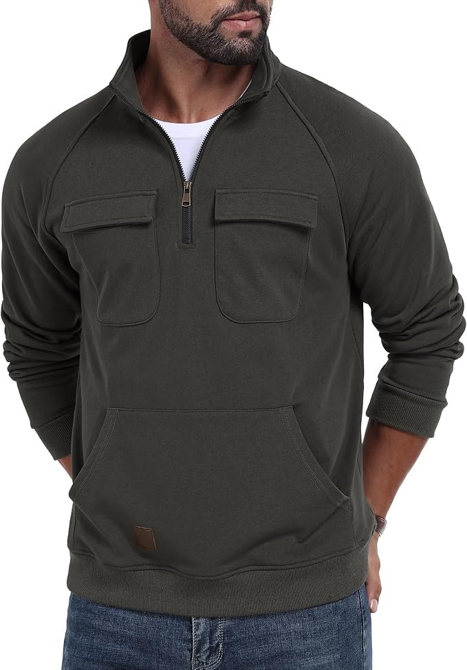 Cargo Sweatshirts for Men Quarter Zip Long Sleeve Warm Fleece Tactical Pullover Casual Athletic Loose Sweatshirts