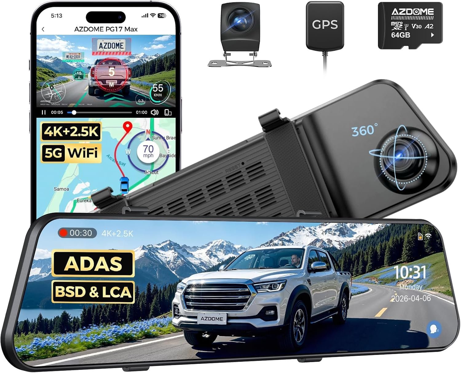AZDOME 12" 4K+2.5K Rearview Mirror Dash Cam with ADAS, 64GB Card Included