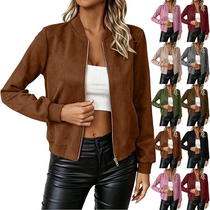 Suede Bomber Jacket Women Full Zip Up Casual Trendy Coat Lightweight Long Sleeve