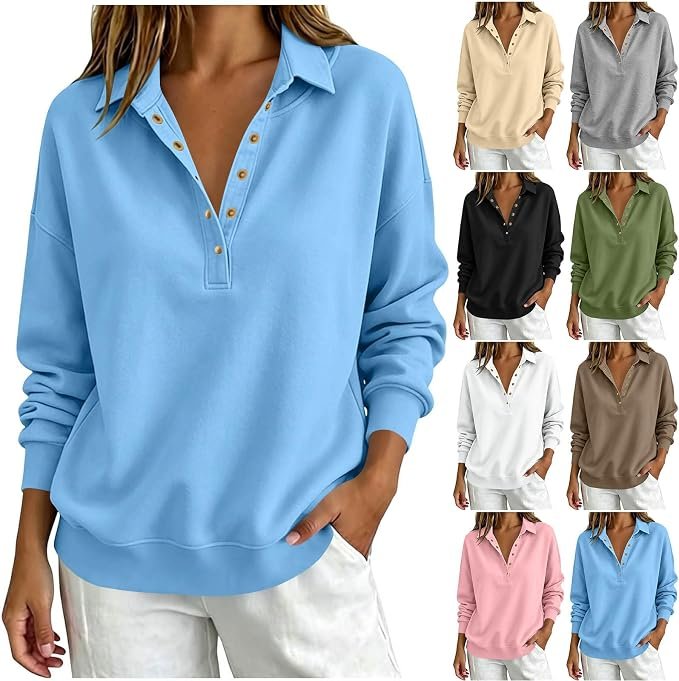 Sweatshirt for Women Henley Sweatshirt Button V Neck Pullovers