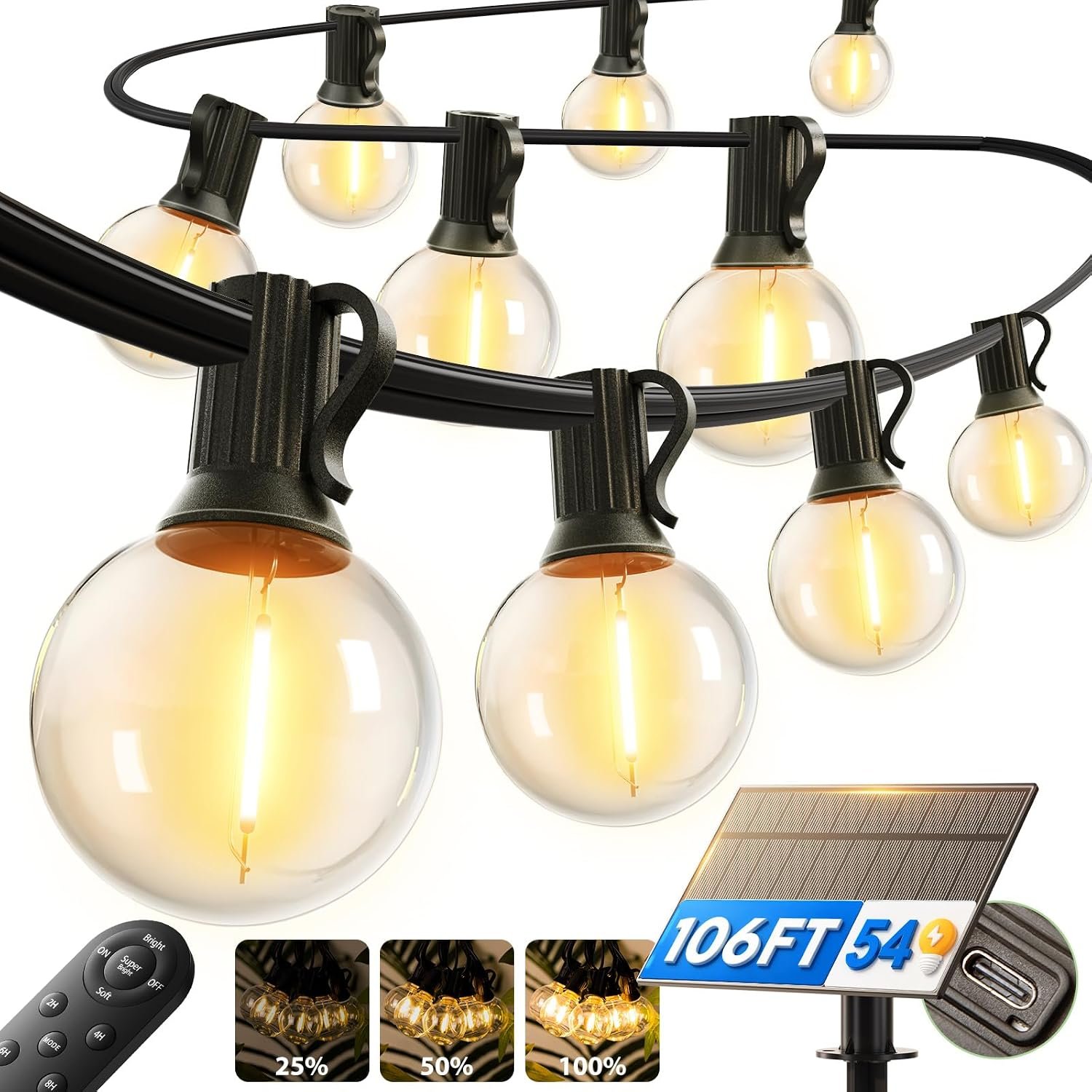 addlon 100FT 54LED Solar String Lights Outdoor Waterproof with Remote, USB